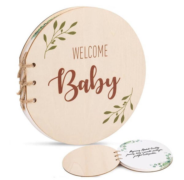Houten Baby Shower gastenboek rond Welcome Baby