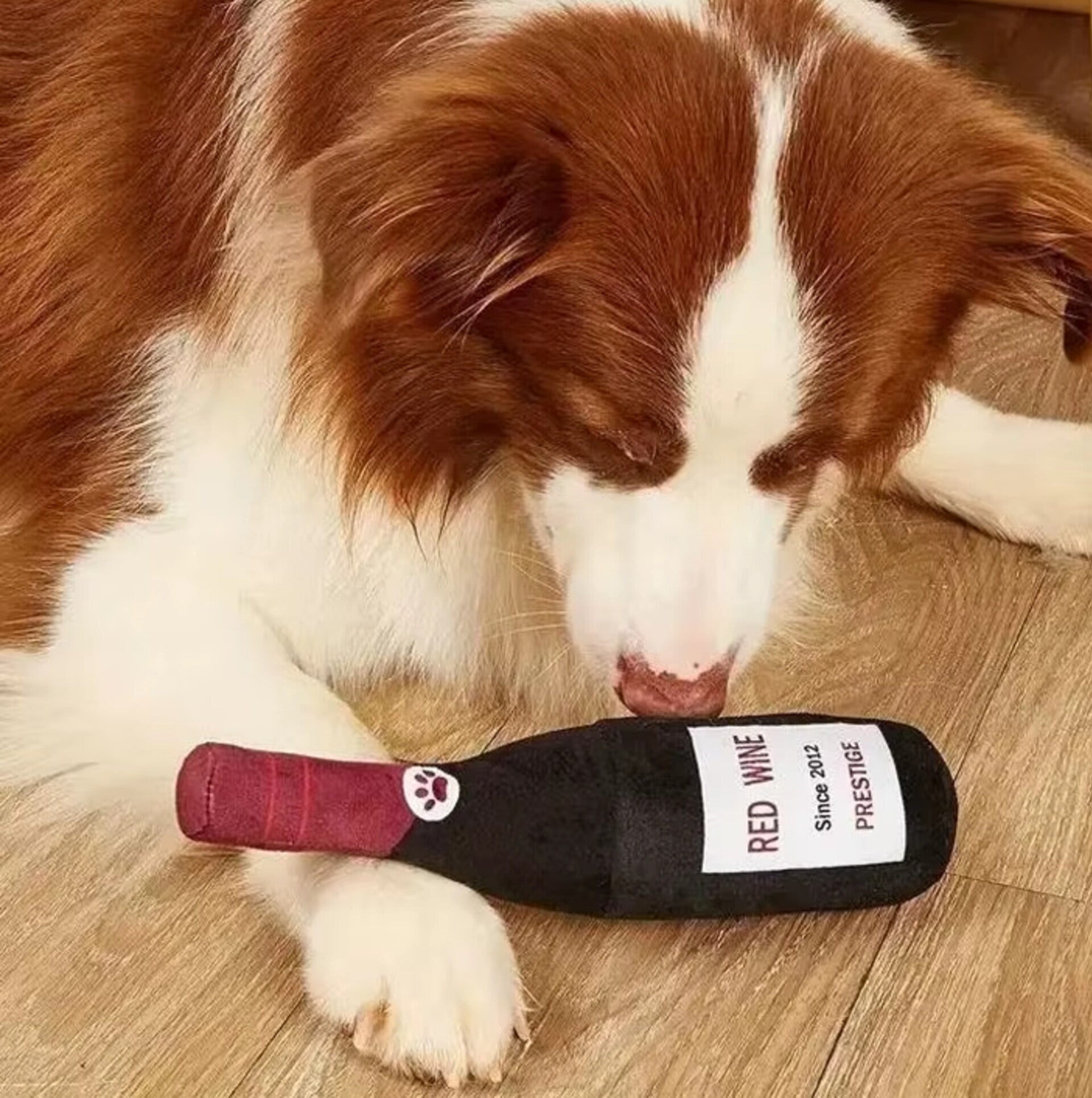 Pluche honden speeltje fles rode wijn
