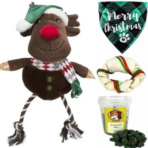 Honden kerst pakket met knuffel, bandana, hondenbot en -koekjes