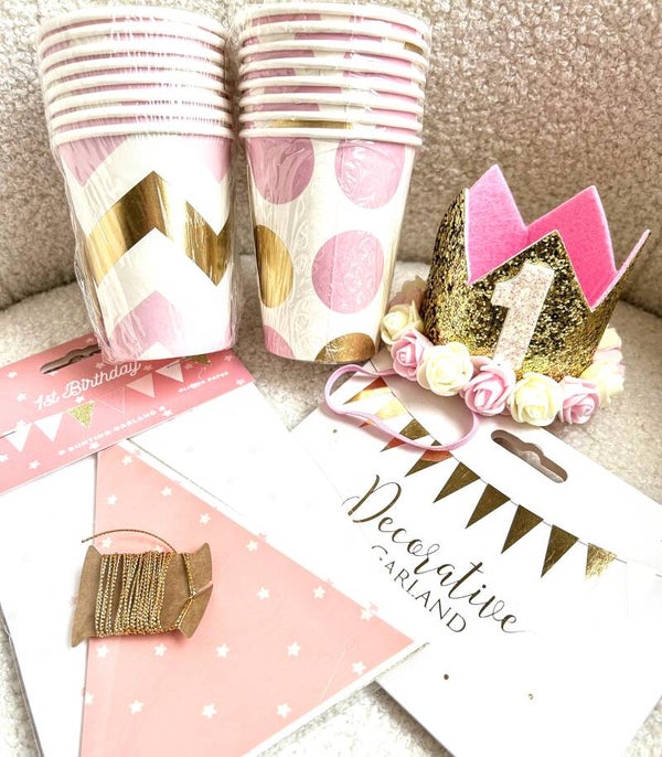 1e verjaardag set roze, wit en goud 53-delig