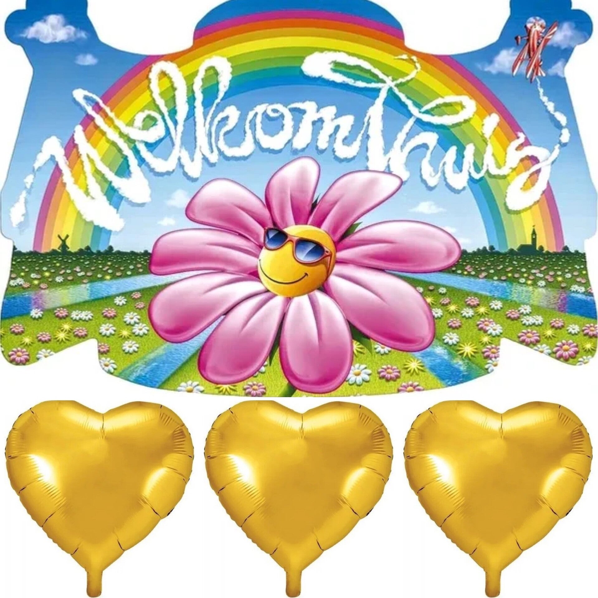 Welcome Home welkomst bord en 3 folie ballonnen hart goud