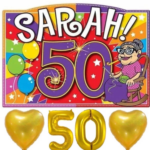 Sarah is 50 set met deurbord en ballonnen