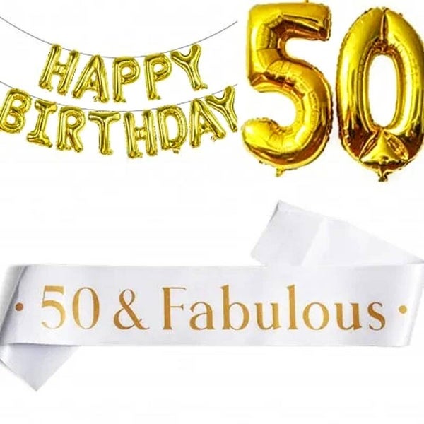 3-delige decoratie set 50 & Fabulous goud met wit