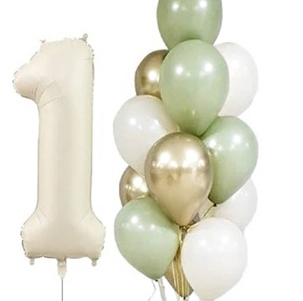 1 Jaar ballon decoratie set groen wit beige goud