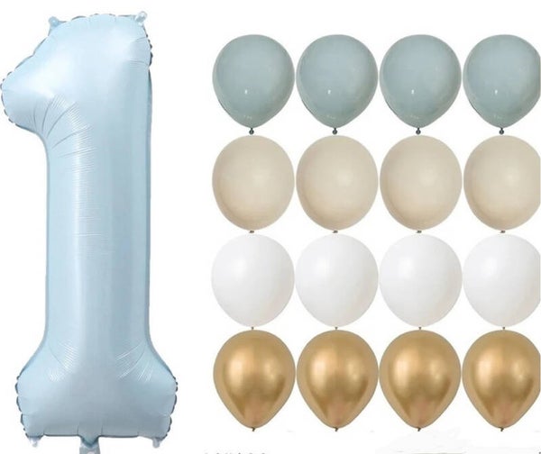 21-delige First Birthday ballonnen set blauw, goud, beige en wit