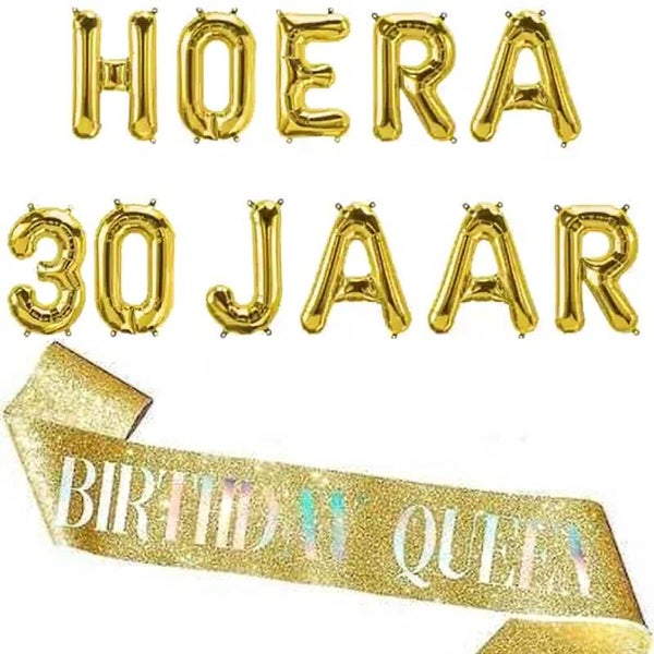Hoera 30 Jaar folie ballonnen set met sjerp Birthday Queen goud