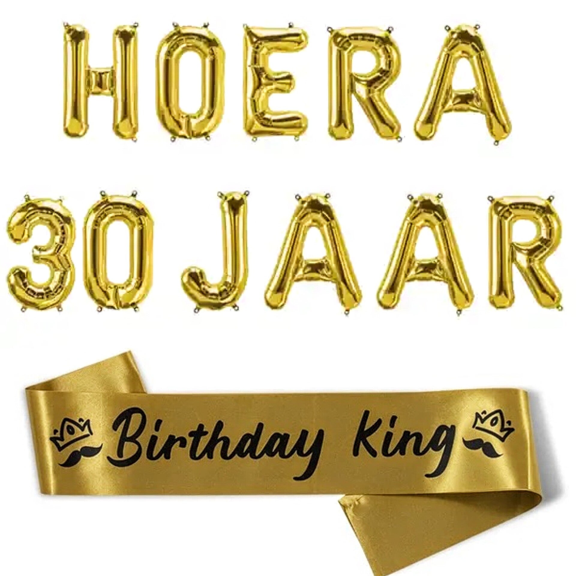 Hoera 30 Jaar folie ballonnen set met sjerp Birthday King goud