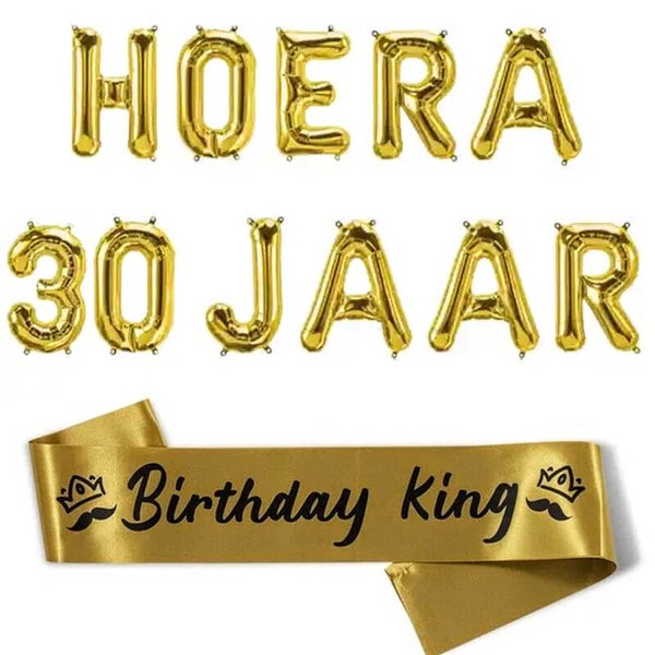 Hoera 30 Jaar folie ballonnen set met sjerp Birthday King goud