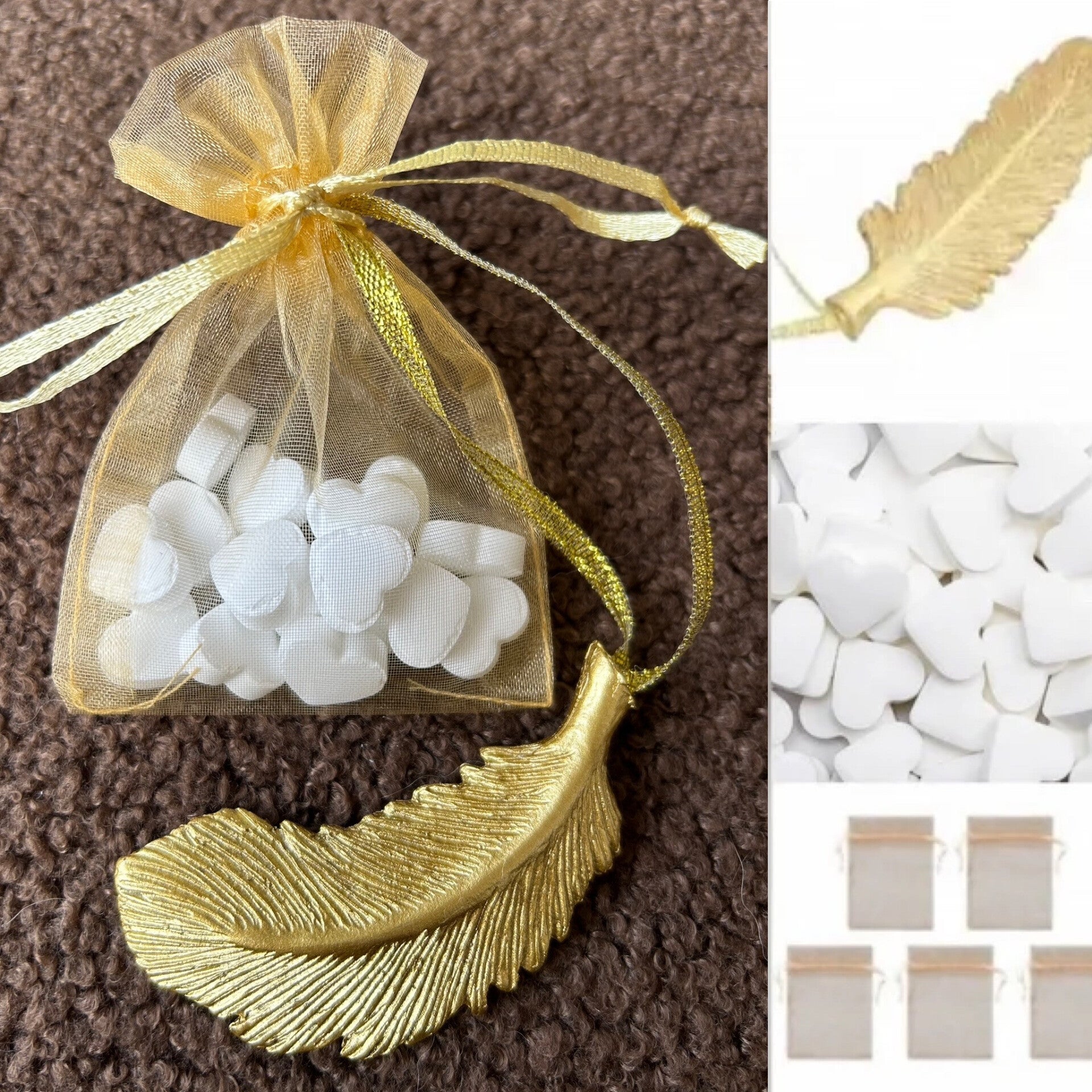 Organza zakje goud met gelukspoppetje gouden XL Veer en 15 hartvormige mini pepermuntjes