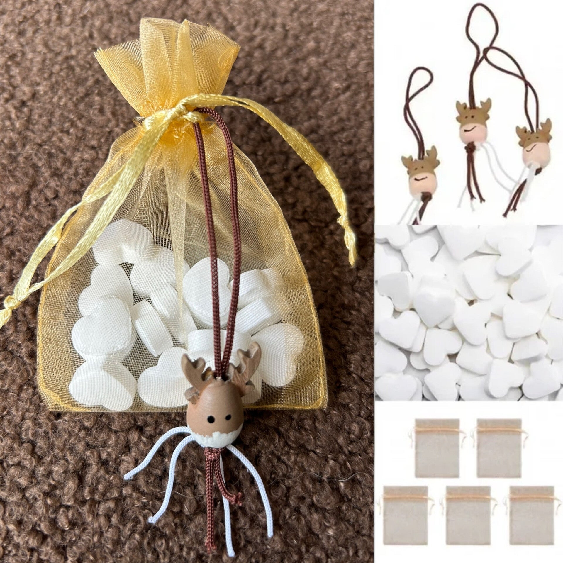 Organza zakje goud met gelukspoppetje rendier en 15 hartvormige mini pepermuntjes