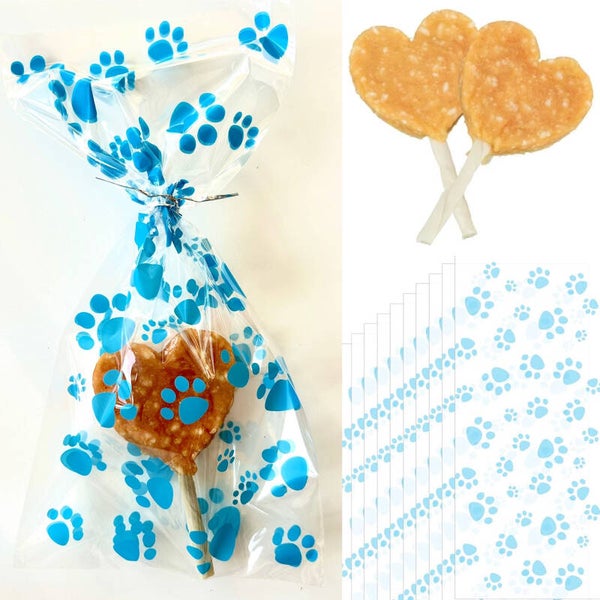 Honden lolly hart in cellofaan zakje met blauwe honden pootjes