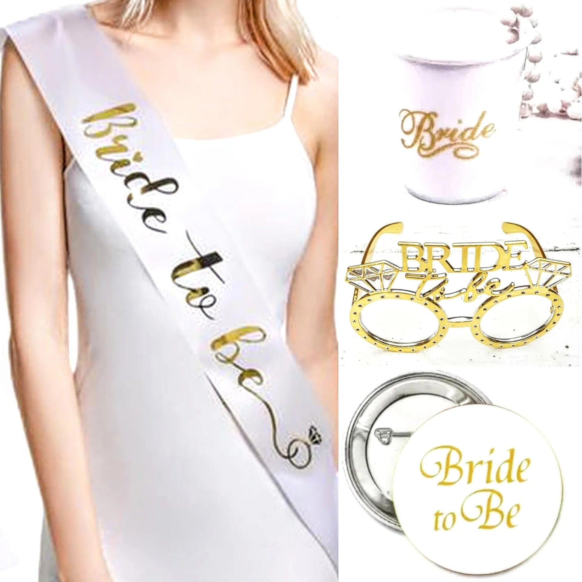 4-delige Vrijgezellenfeest set Bride to Be wit met goud met sjerp, shotglass, bril en button