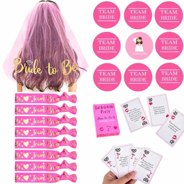 Vrijgezellenfeest set Team Bride met sluier, buttons, armbanden en kaartspel