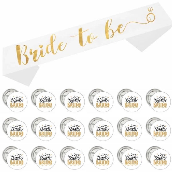 Bride to Be en Team Bride set met 1 sjerp en 18 buttons goud met wit