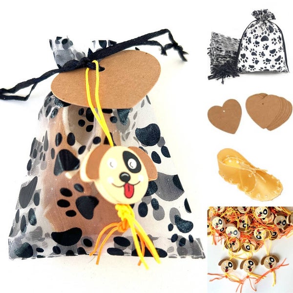 Honden traktatie/bedankje met gelukspoppetje Happy Dog en buffelhuid schoentje