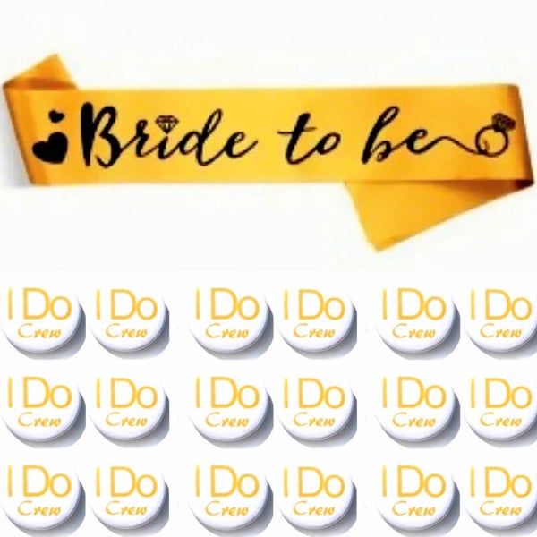 Bride to Be en I Do Crew set met sjerp en buttons 19-delig