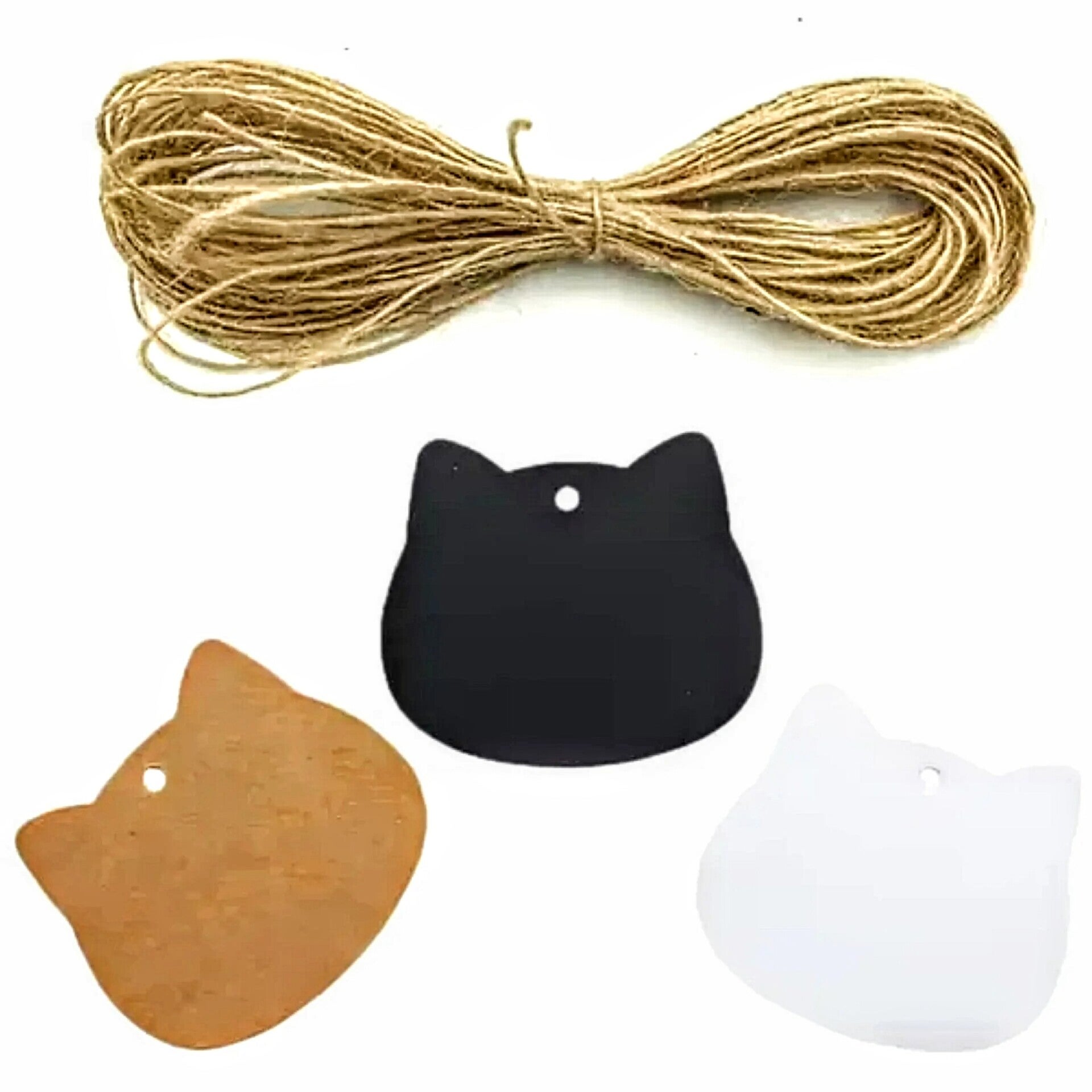 10 kraft kaartjes poezenhoofdje bruin, zwart of wit met 10 meter jute touw