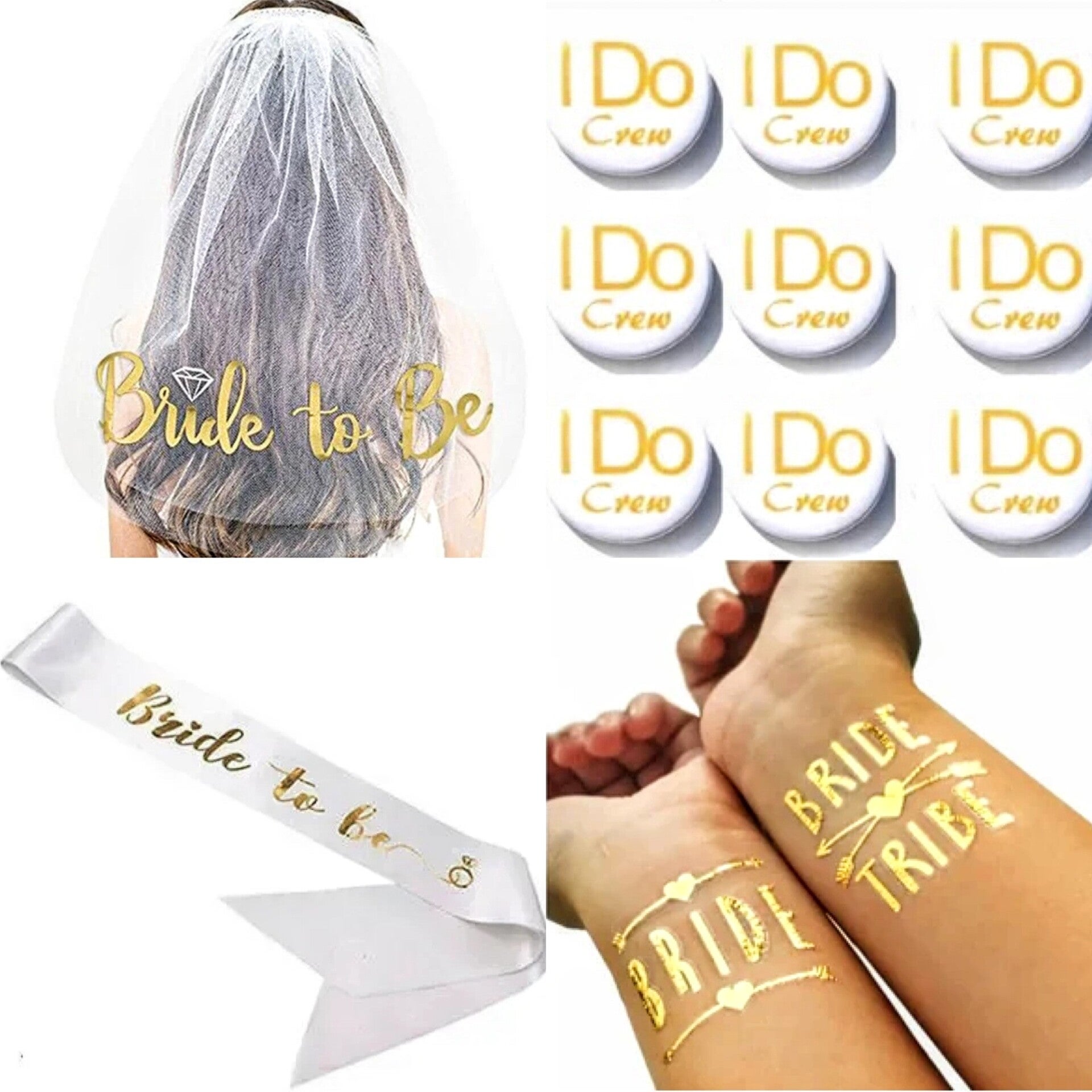 Vrijgezellenfeest set met sluier, sjerp, buttons en tattoos 21-delig