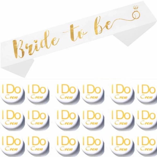 Bride to Be en I Do Crew set met sjerp en buttons wit met goud 19-delig