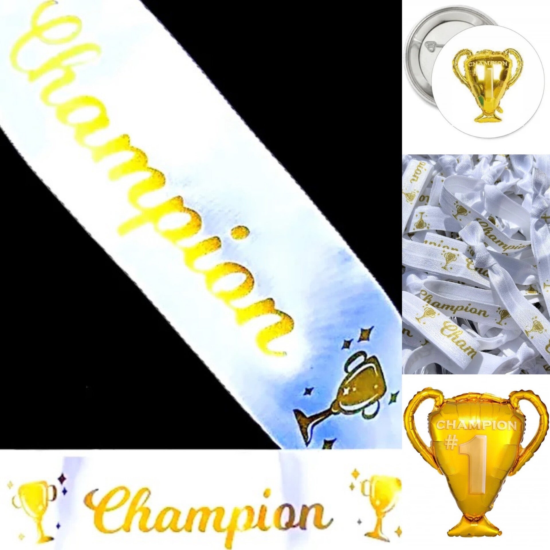 4-delige set Champion goud met sjerp, XL folie ballon, armband en button