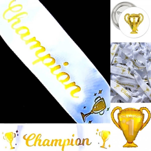 4-delige set Champion goud met sjerp, XL folie ballon, armband en button