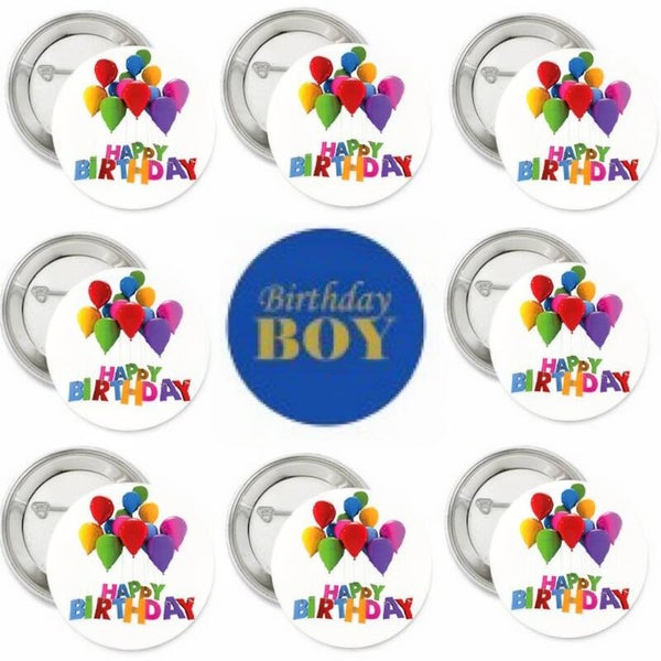 9 Buttons Birthday Boy blauw en Happy Birthday balloons