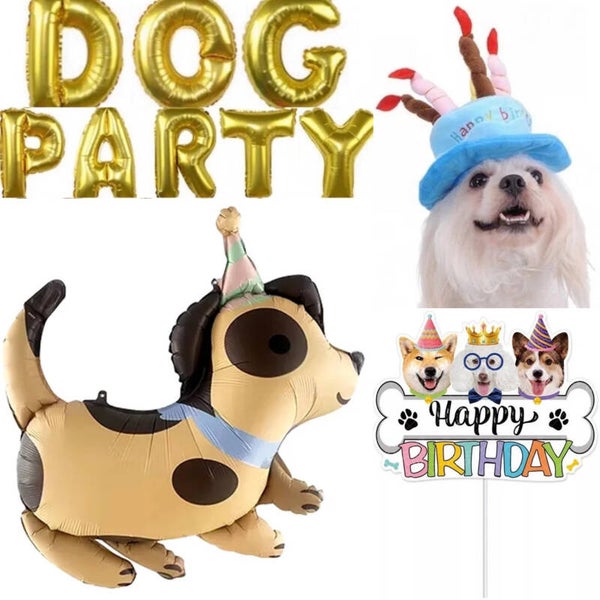 Dog party decoratie set blauw met ballonnen, verjaardagshoed en taarttopper