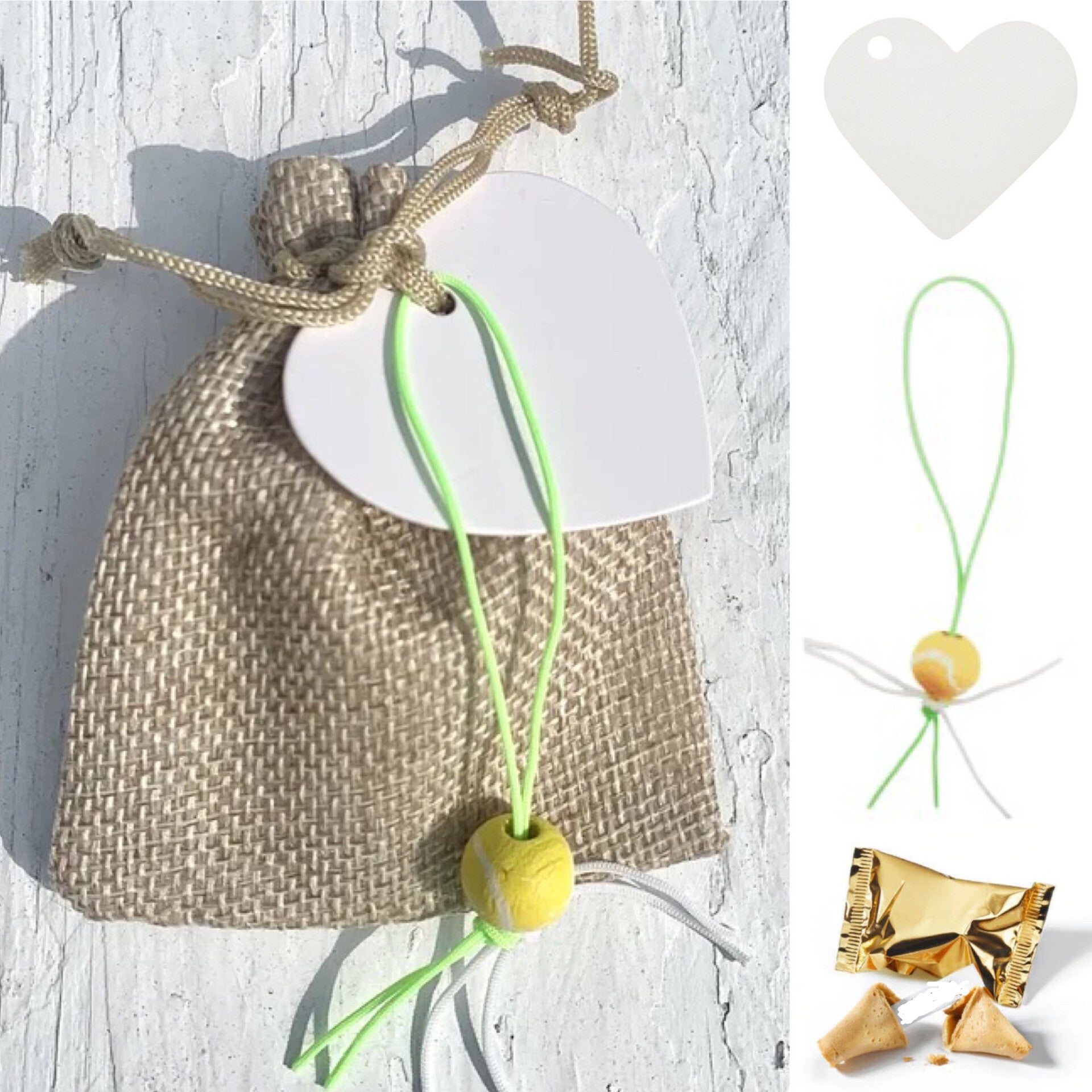 Jute giftbag met gelukspoppetje Tennisbal, fortune cookie in goud folie papier en hartvormig wit kaartje
