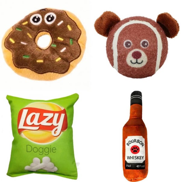 Honden cadeau pakket met pluche speelgoed, drank en een bal