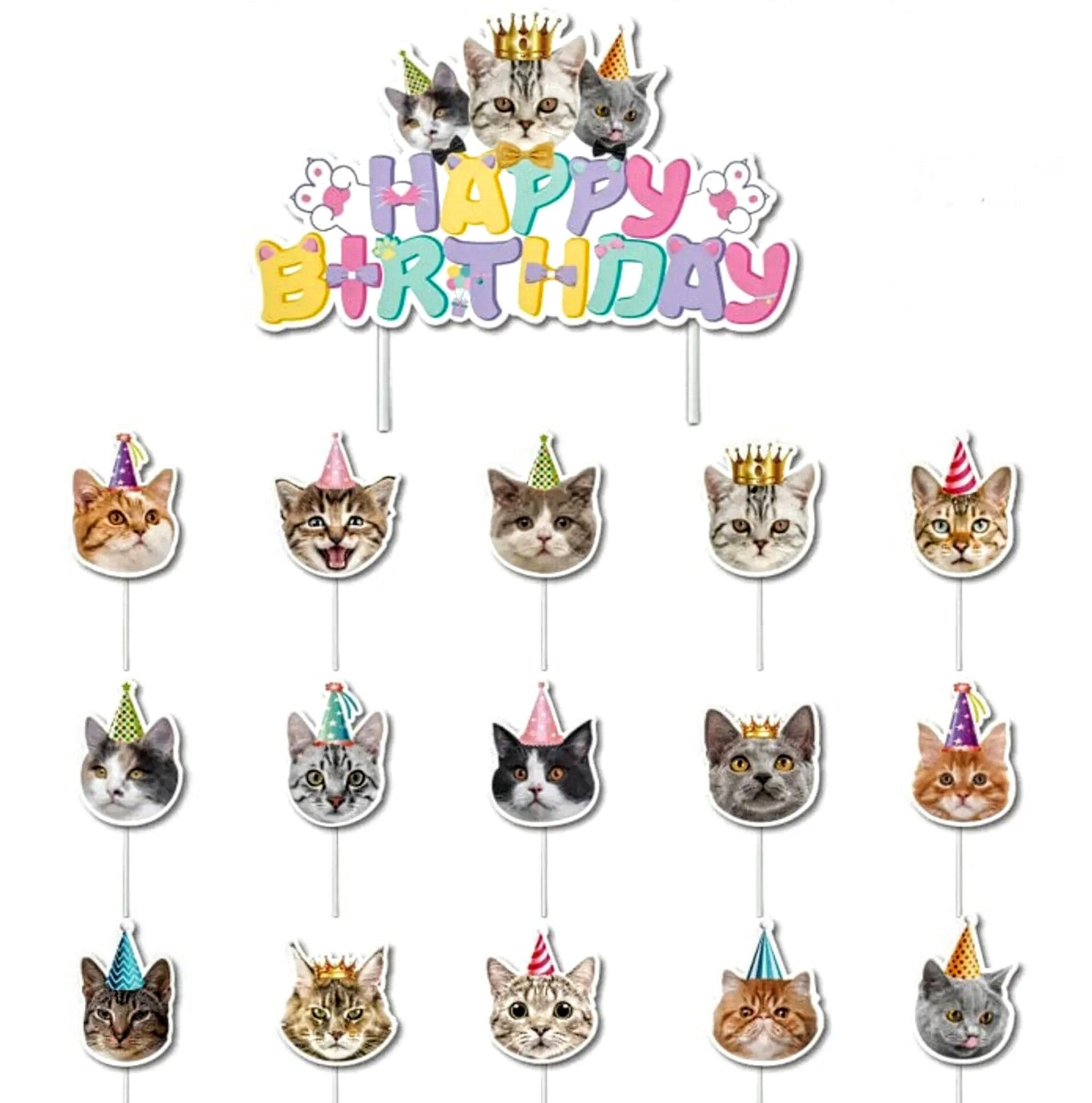 16-delige set Happy Birthday Cats met 1 taart topper en 15 cupcake prikkers