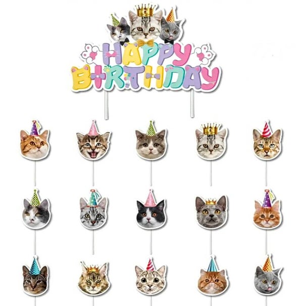 16-delige set Happy Birthday Cats met 1 taart topper en 15 cupcake prikkers
