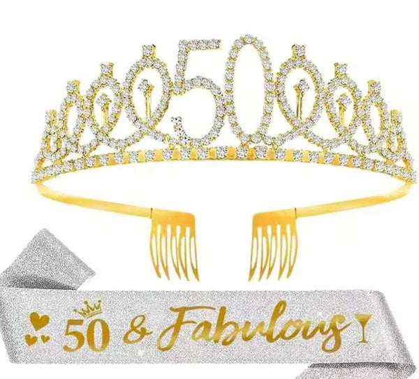 50 & Fabulous set met diadeem en sjerp deLuxe zilver en goud glitter