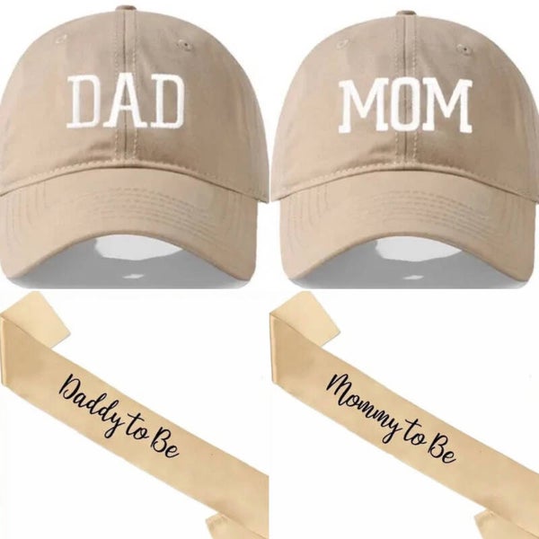 Babyshower set met 2 caps en 2 sjerpen Mom en Dad beige