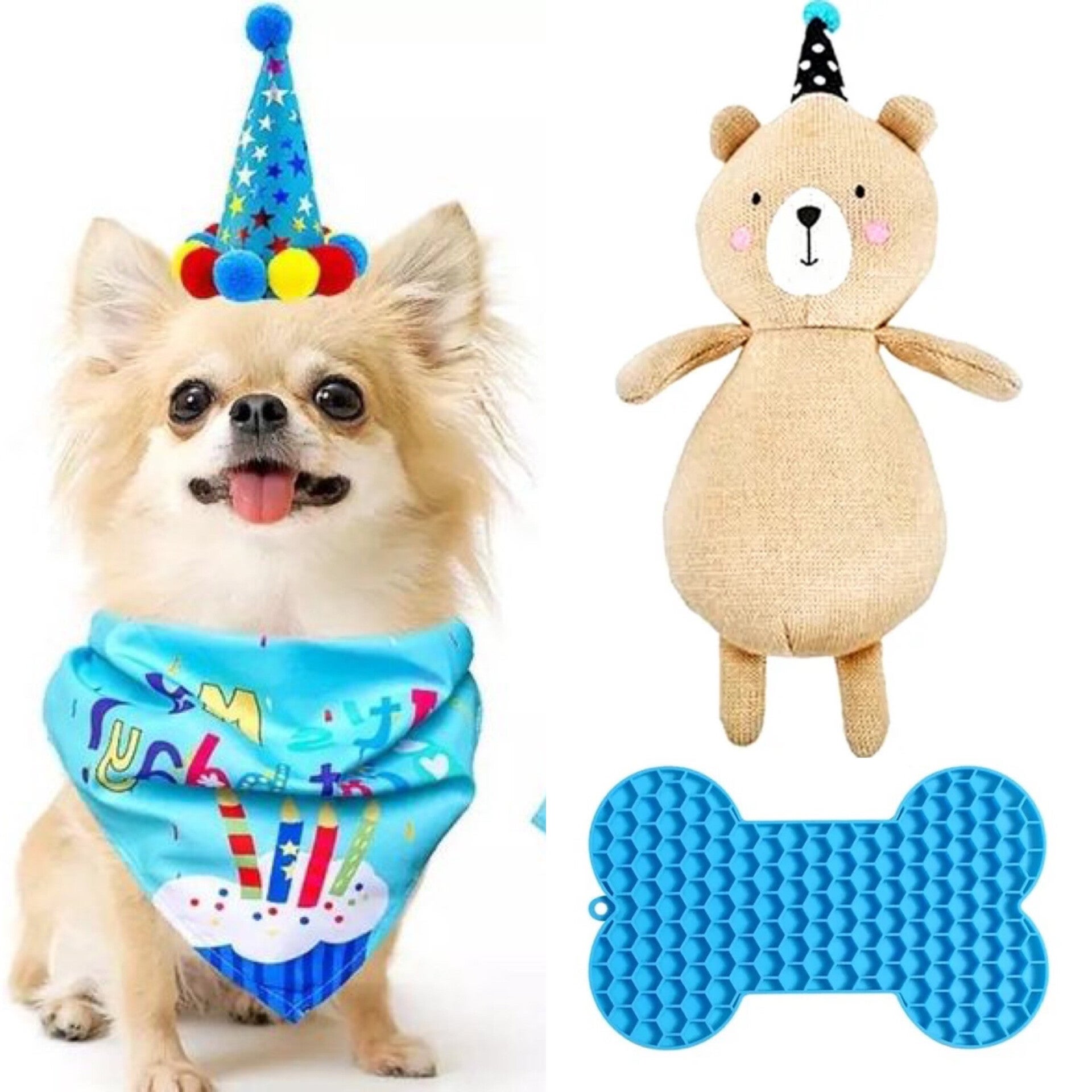 Honden verjaardagspakket blauw 4-delig met bandana, hoedje, beer en likmat