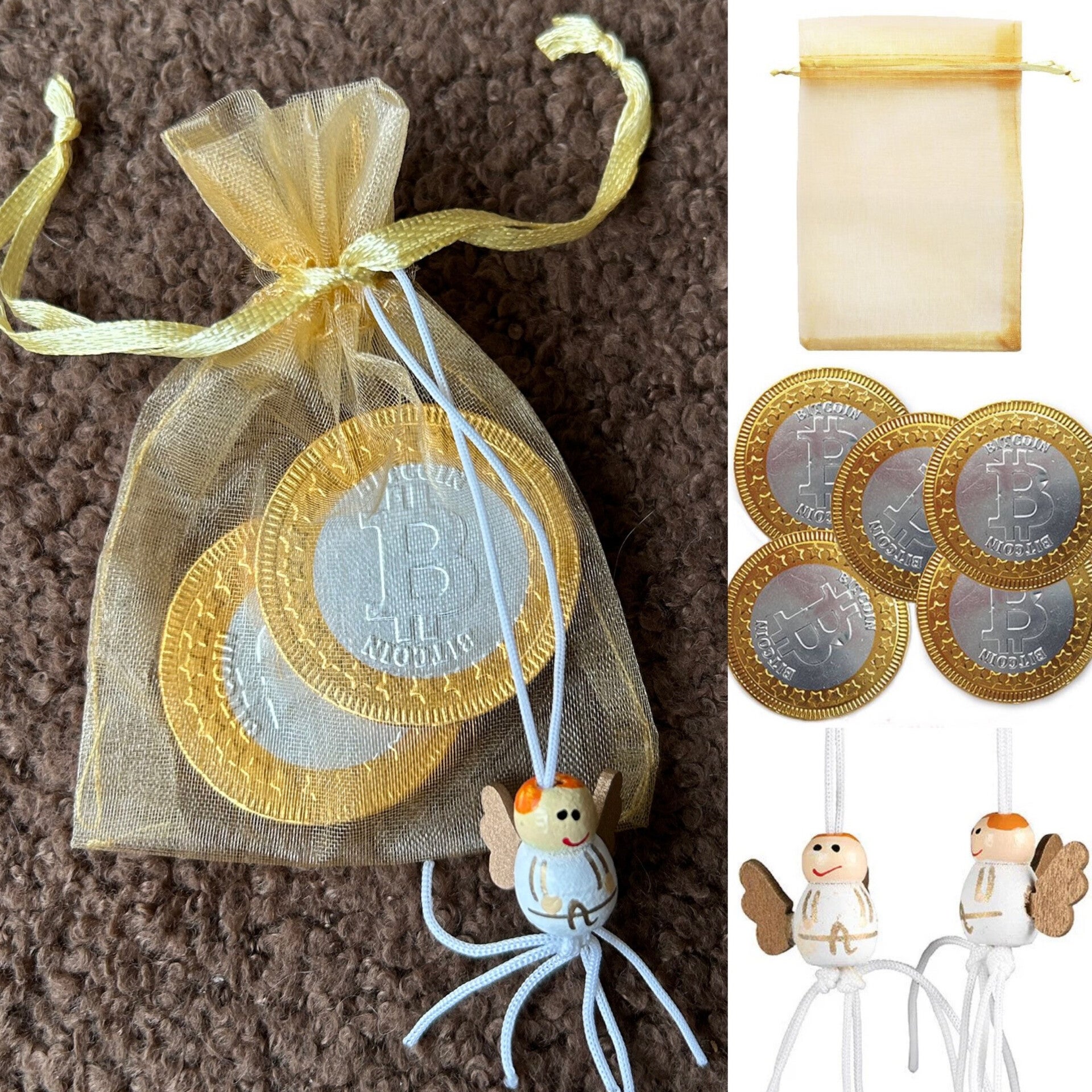 Give-away met geluksengeltje en 2 chocolade bitcoin munten