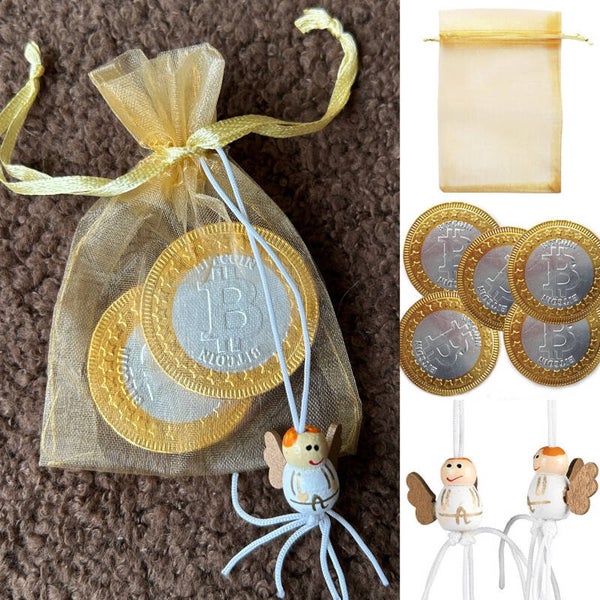 Give-away met geluksengeltje en 2 chocolade bitcoin munten