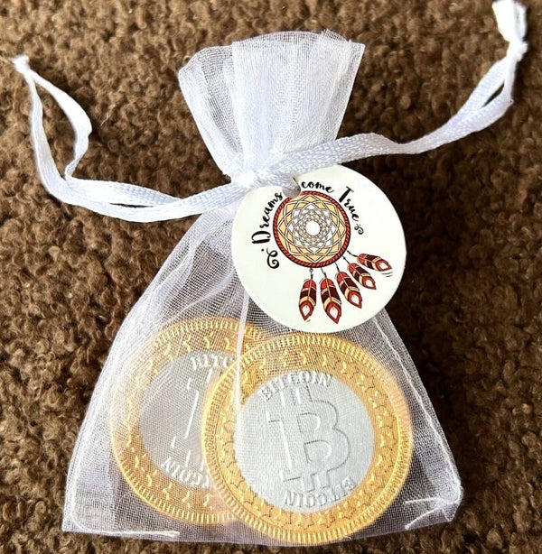 Give-away Dreams come True met kaartje en 2 chocolade bitcoin munten