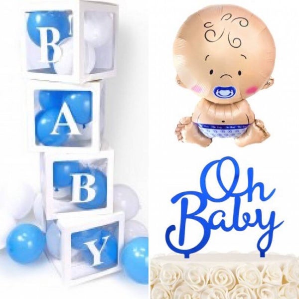 27-delige Babyshower set met taart topper, folie ballon en grote ballon blokken met ballonnen