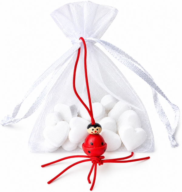 Organza zakje wit, rood gelukspoppetje lieveheersbeestje en 15 mini pepermuntjes