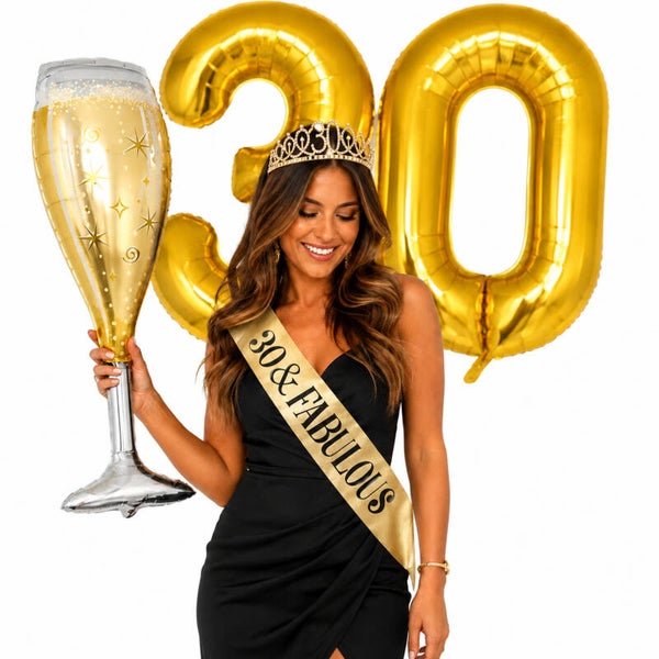 30 & Fabulous set met diadeem, bierpul ballon en sjerp deLuxe goud glitter