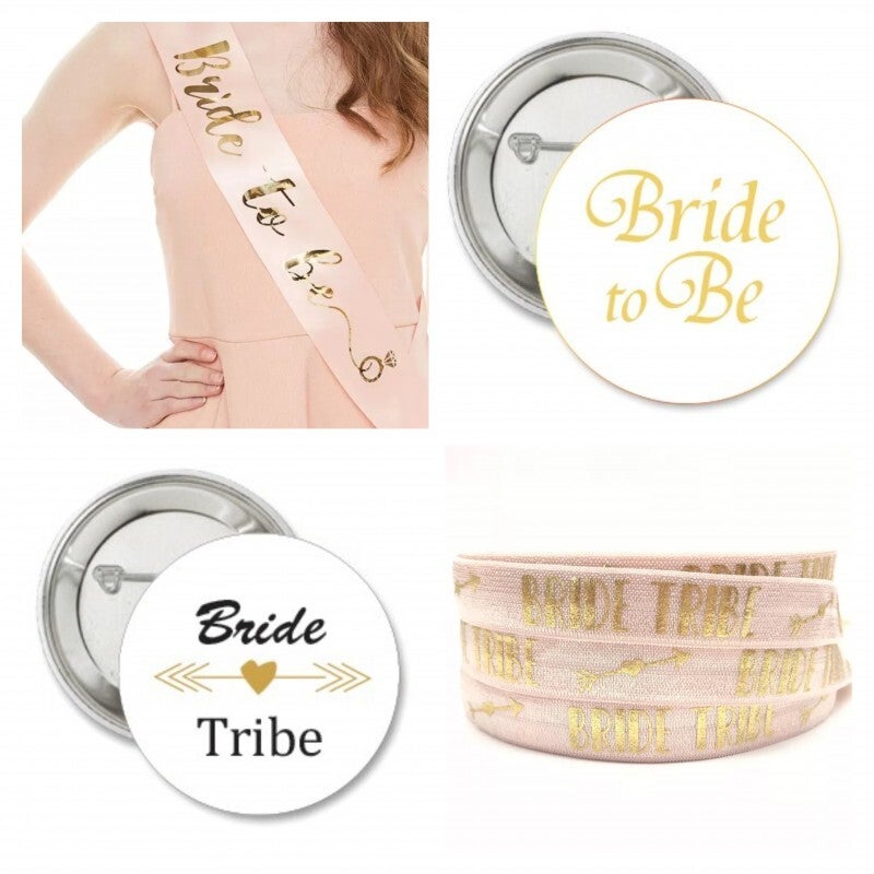 14-delige vrijgezellenfeest set Bride Tribe rosé goud met goud met sjerp, armbanden en buttons