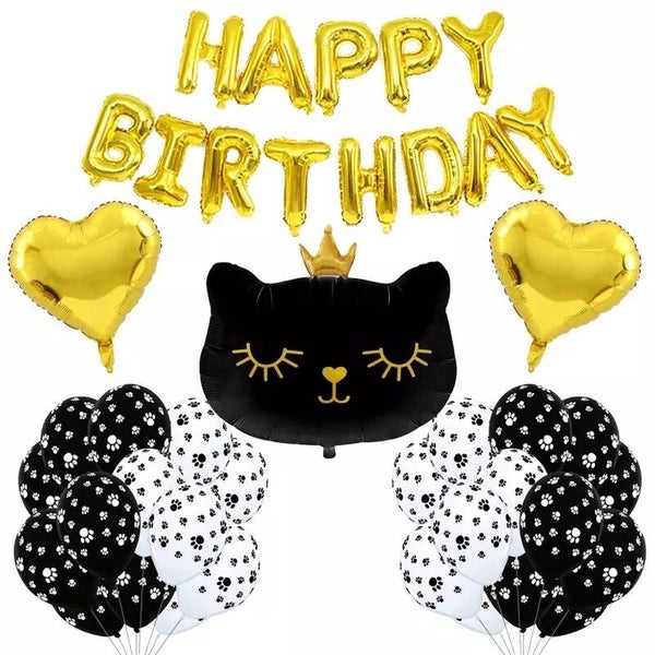 32-delig Fancy Cat party pakket Happy Birthday zwart met goud