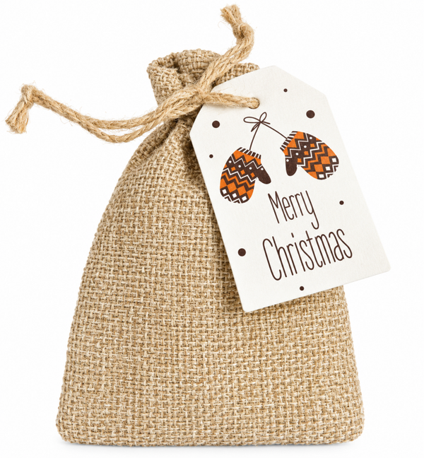 Jute zakje met Kerst kaartje met winter wanten
