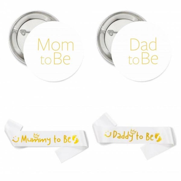 4-delige babyshower set Daddy en Mummy to Be wit met goud