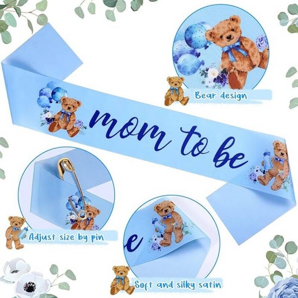 4-delige Babyshower set met sjerp, 2 rozetten en bloemenkrans Mom en Dad to be Bear blauw