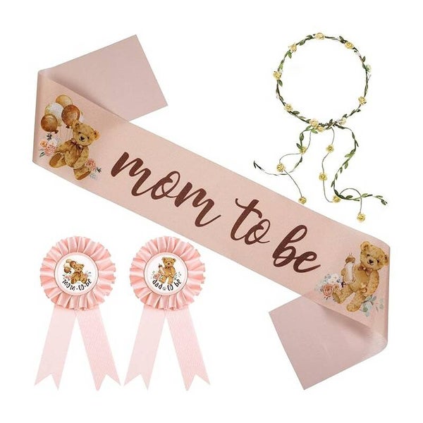 4-delige Babyshower set met sjerp, 2 rozetten en bloemenkrans Mom en Dad to be Bear zalm