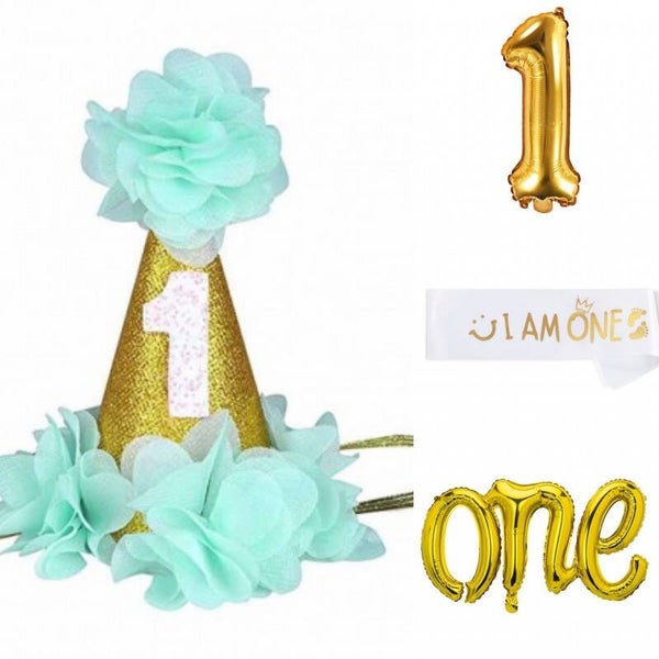 4-delige Luxe mint groen wit met gouden eerste verjaardag set I am One