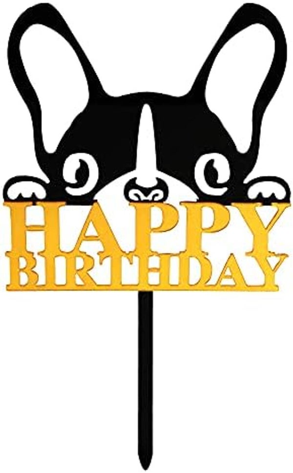 Acryl taart topper Happy Birthday goud met zwart Bulldog