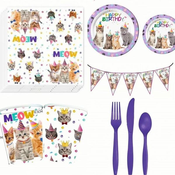 71-delige party set Happy Birthday Cats multi coloured met paars, lila en wit