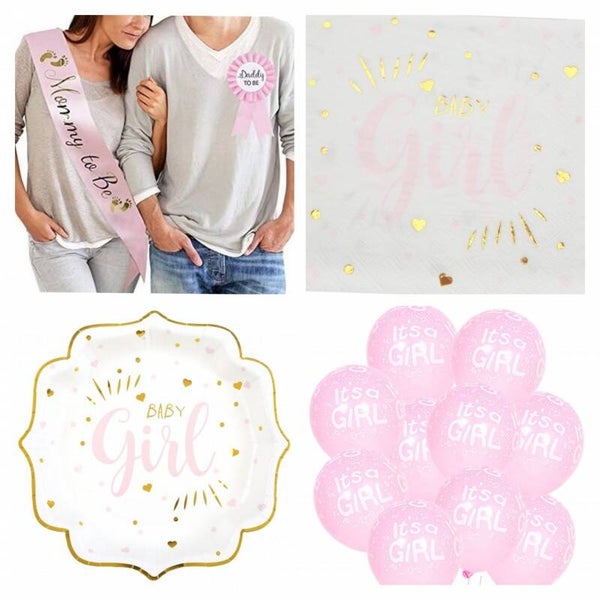 42-delige Genderreveal set It's a Girl met sjerp, rozet, servetten, bordjes en ballonnen